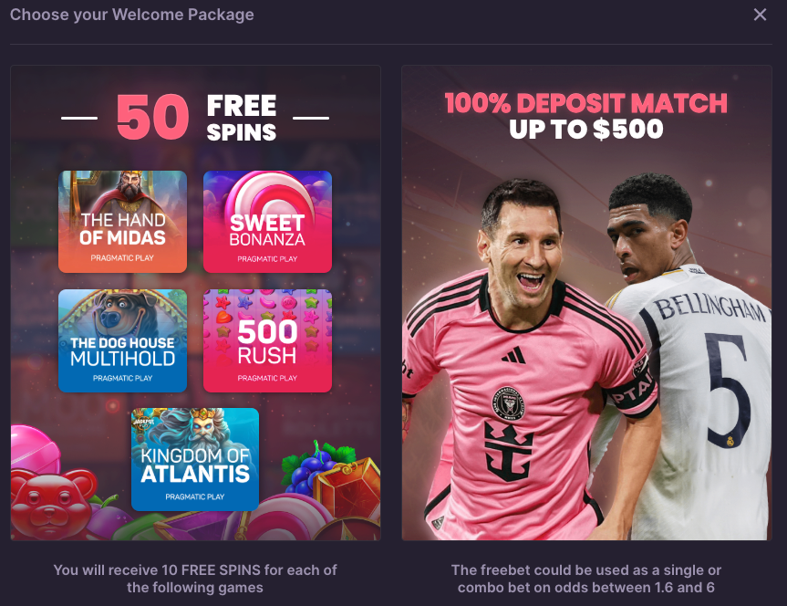 Screenshot showing 500 Casino's 2025 welcome bonus offer, including 50 free spins on Pragmatic Play slots and a 100% deposit match up to $500 for sports betting, featuring athletes Messi and Bellingham.