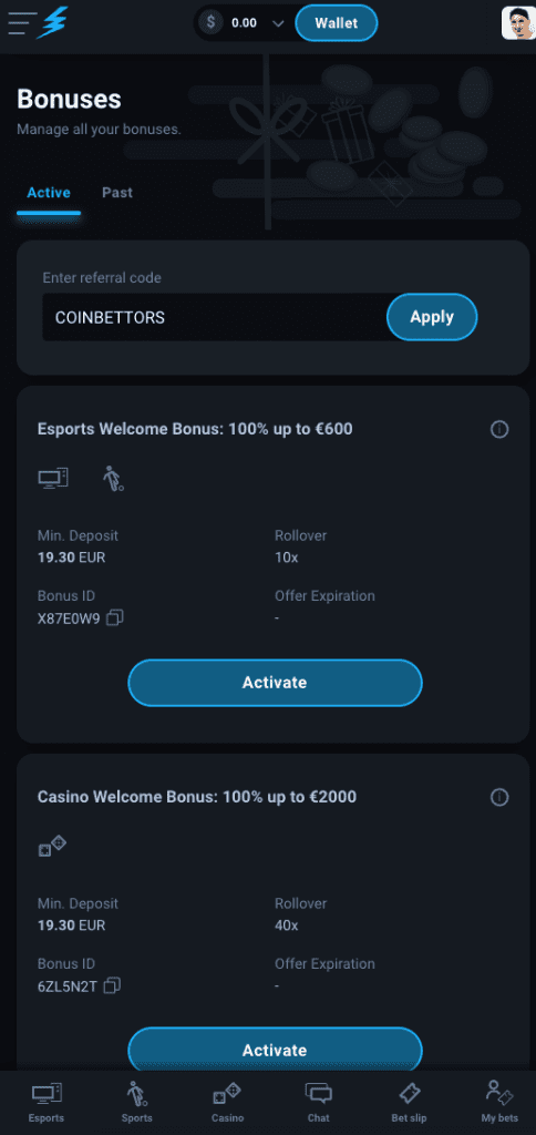 Thunderpick Casino bonus screen showing 100% up to €600 esports bonus and 100% up to €2000 casino bonus with referral code option – April 2025