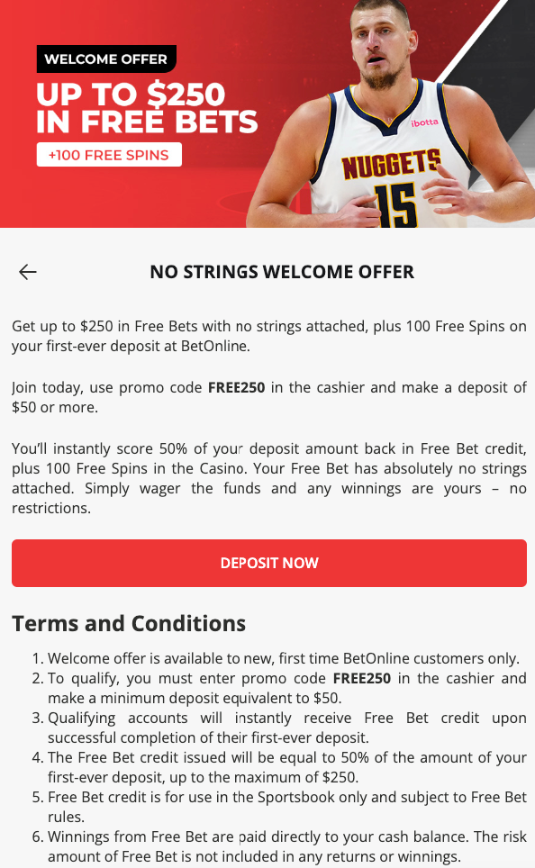 BetOnline Ag bonus screenshot showing 50% Free Bet up to $250 and 100 Free Spins welcome offer with promo code FREE250