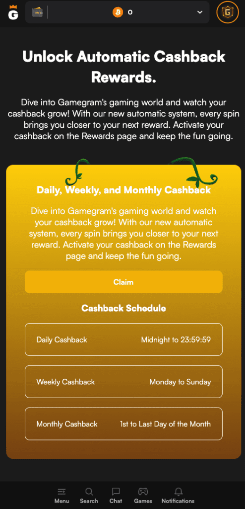 Gamegram cashback rewards screenshot showing automatic daily, weekly, and monthly cashback system for crypto casino players