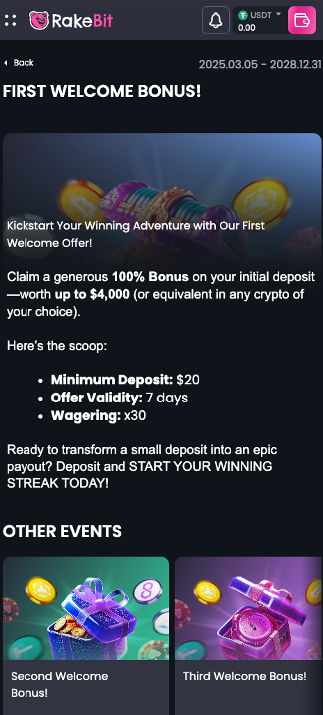 Rakebit casino crypto welcome bonus offer – 100% match up to $4,000 with 7-day validity and 30x wagering requirement.