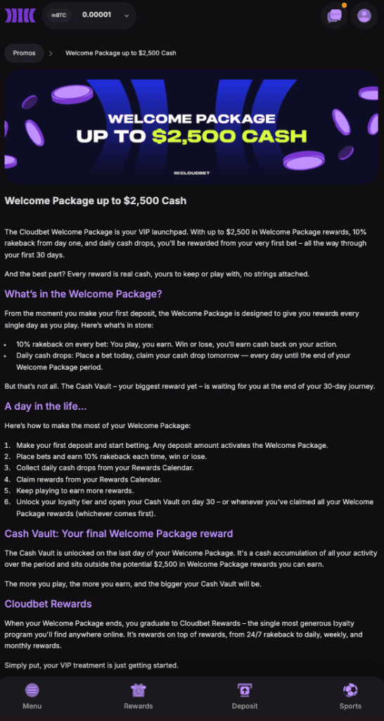 Cloudbet Casino welcome bonus screenshot showing up to $2,500 cash rewards with daily drops and rakeback benefits