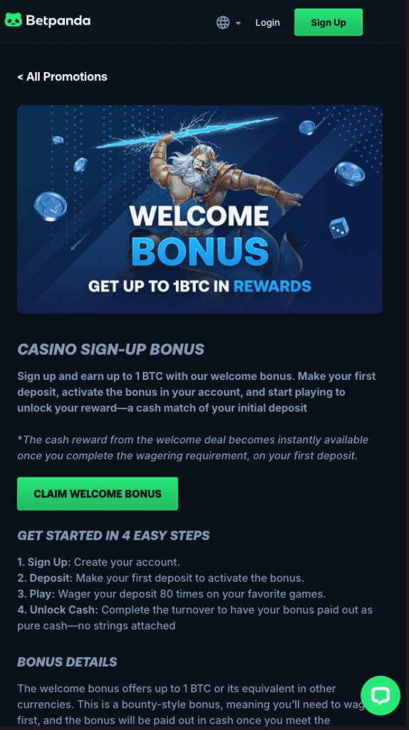 BetPanda welcome bonus offer screenshot showing up to 1 BTC in crypto rewards for new users, featured on a dark blue promotional banner with Zeus graphic