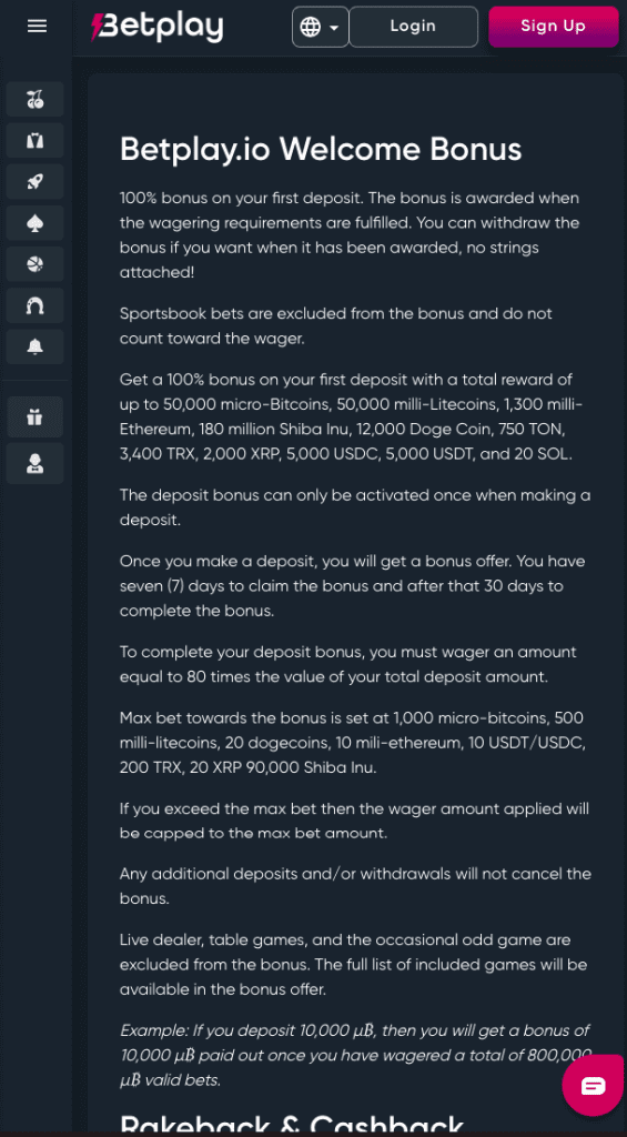Screenshot of Betplay io's crypto welcome bonus terms, showing a 100% first deposit offer up to 50,000 µBTC with 80x wagering requirement