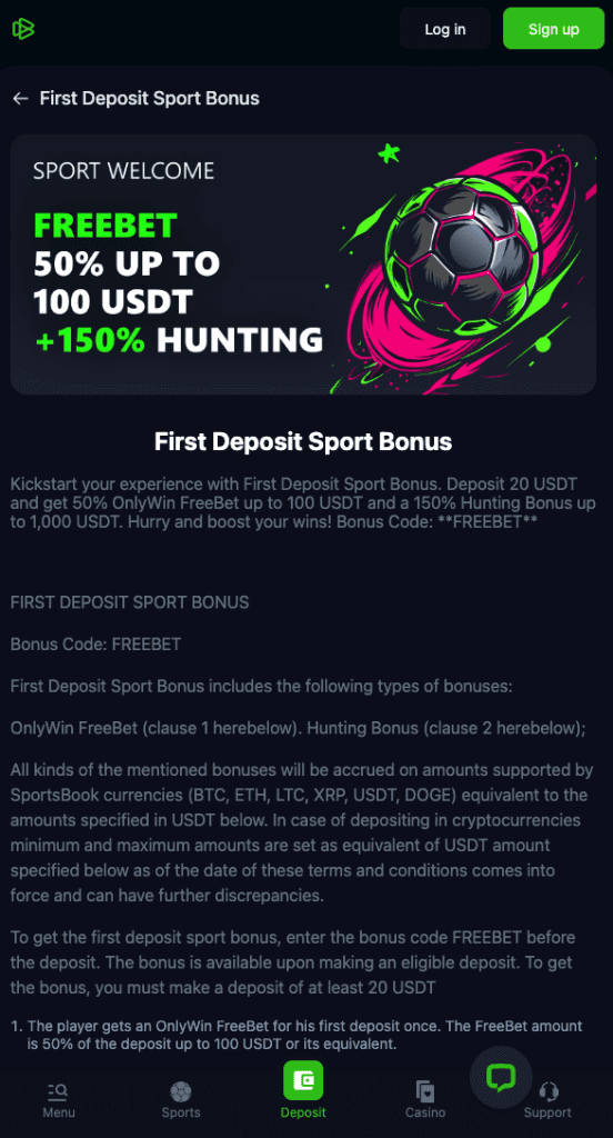 Screenshot of Bets.io casino's sports welcome bonus showing 50% FreeBet up to 100 USDT and 150% Hunting Bonus for new crypto sportsbook users