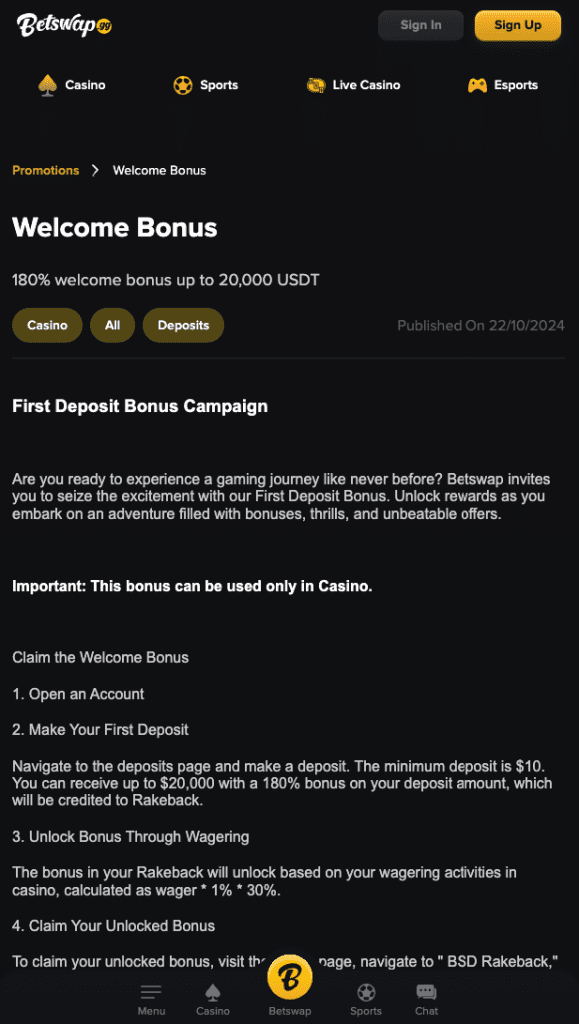 Betswap welcome bonus screenshot showing 180% casino deposit bonus up to 20,000 USDT with wagering unlock details