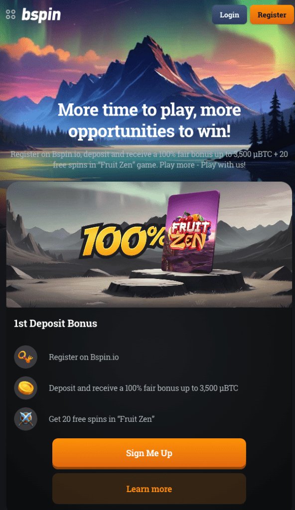 Screenshot of Bspin.io welcome bonus banner featuring a 100% crypto deposit match and 20 free spins on Fruit Zen.