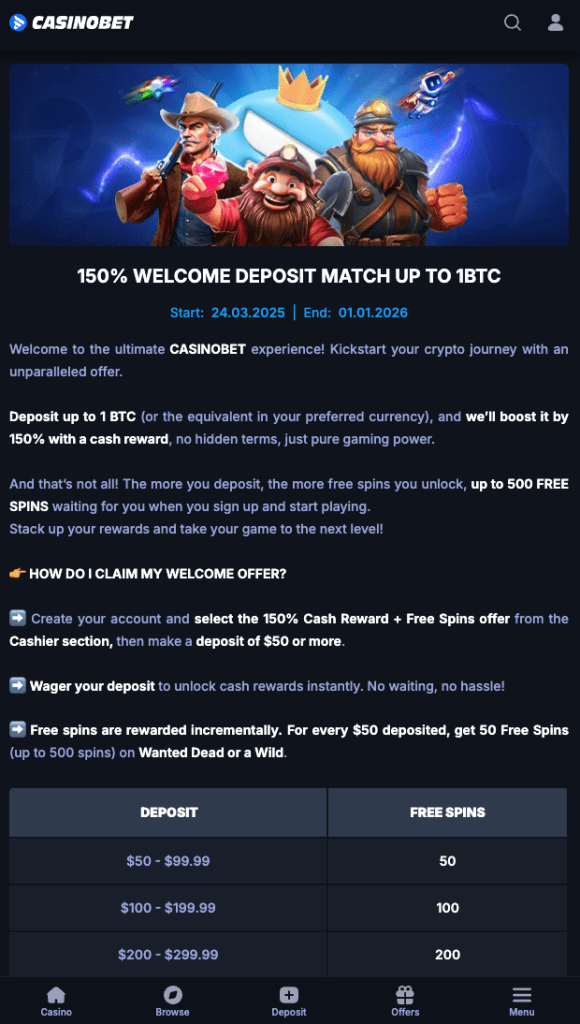 Screenshot of Casinobet welcome bonus banner promoting 150% deposit match and up to 500 free spins