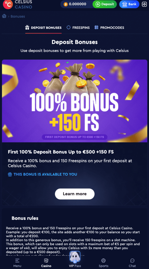 Celsius Casino welcome bonus screenshot showing 100% deposit match up to €500 plus 150 free spins for new players