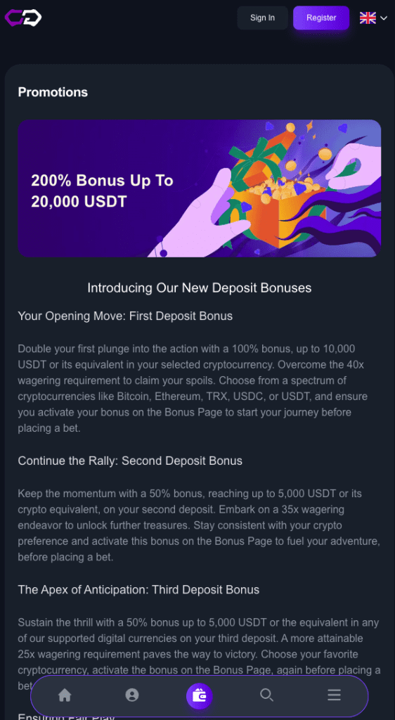 Crypto-Games.io welcome bonus screenshot showing a 200% deposit bonus up to 20,000 USDT, with bonus details for the first, second, and third deposits