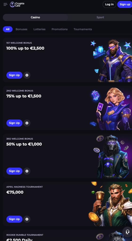 CryptoLeo casino welcome bonus offer showing 100% up to €2,500 plus second and third tier deposit bonuses, screenshot from April 2025