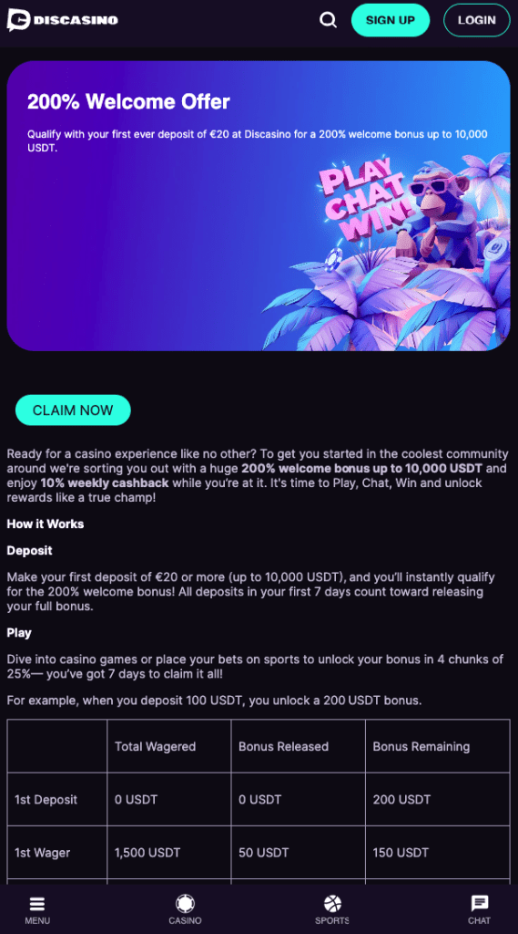 Discasino welcome bonus banner showing 200% deposit bonus up to 10,000 USDT and 10% cashback, featuring tropical-themed artwork and mascot.