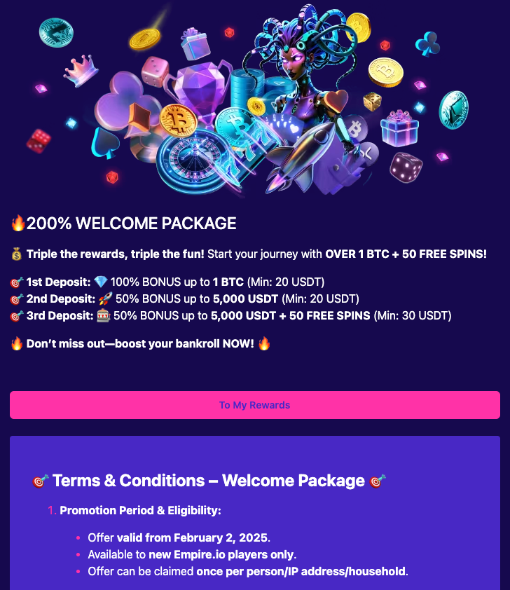 Empire.io crypto casino welcome bonus banner showing 200% bonus up to 1 BTC + 50 free spins across 3 deposits