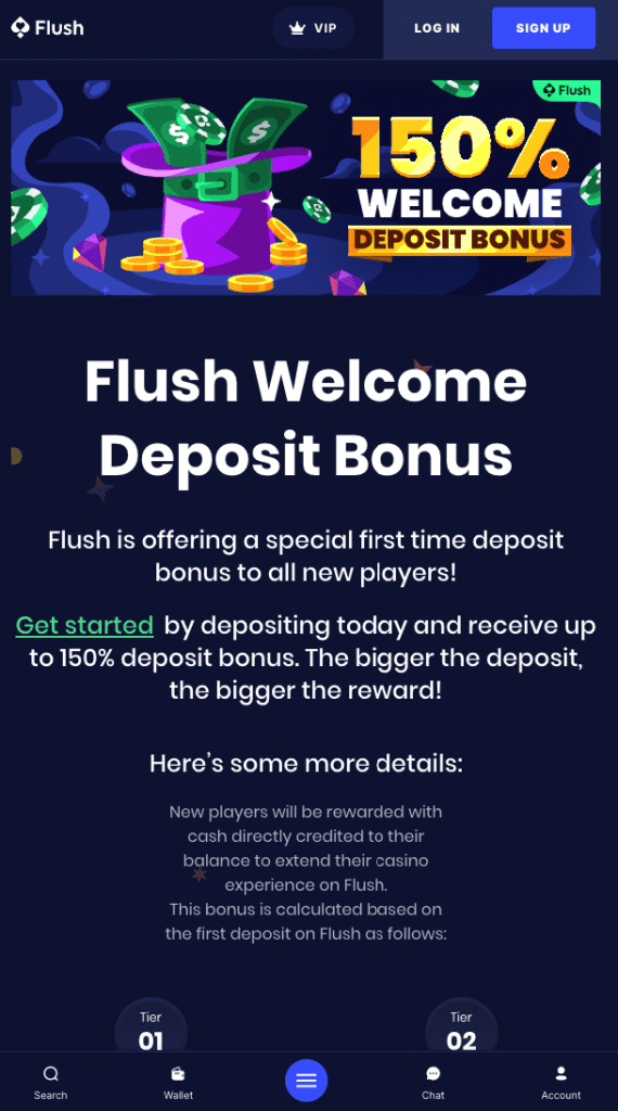 Flush Casino welcome bonus banner offering up to 7 BTC and 250 free spins, captured from the official site in April 2025