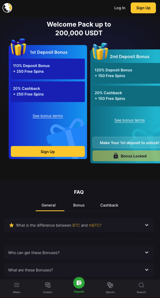 FortuneJack Casino crypto casino bonus screenshot showing 110% deposit match + 250 free spins and 20% cashback welcome offers