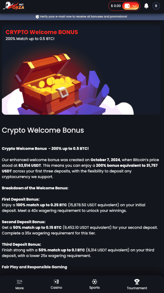 Forza Bet crypto casino welcome bonus banner showing 200% match up to 0.5 BTC across first three deposits