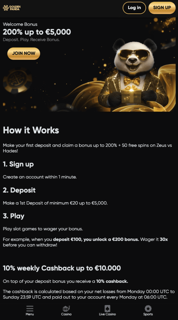 Golden Panda Casino 200% welcome bonus up to €5,000 + 50 free spins offer, featuring a panda mascot with gold visuals