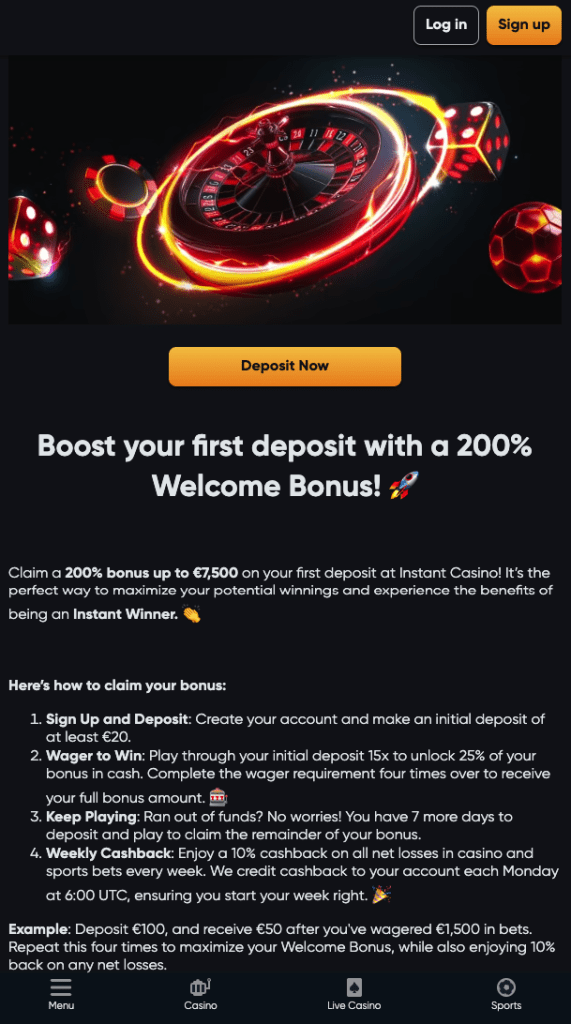 Instant Casino welcome bonus screenshot showing a 200% deposit bonus up to €7,500 and 10% weekly cashback promotion