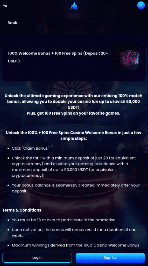Screenshot of Lucky Whale Casino welcome bonus offering 100% up to 50,000 USDT and 100 Free Spins