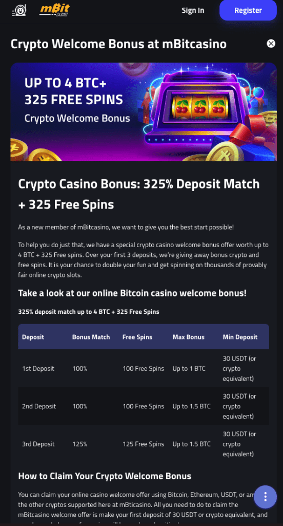 mBit crypto casino's welcome offer of 325% deposit match +325 free spins