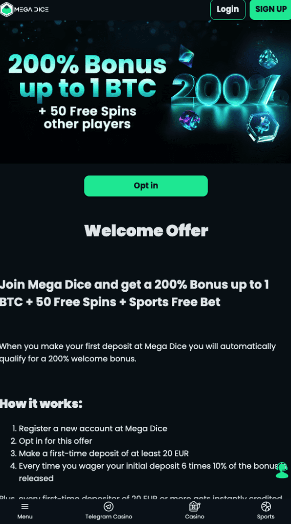 MegaDice Casino welcome bonus banner showing 200% bonus up to 1 BTC + 50 free spins offer