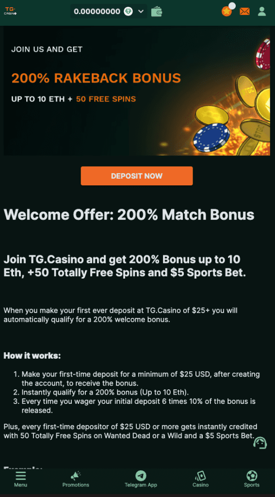 Screenshot of TG Casino welcome bonus banner offering a 200% match up to 10 ETH, 50 Free Spins, and $5 Free Bet.