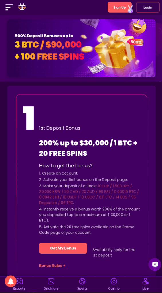 Screenshot of TrustDice Casino Welcome bonus banner showing 200% up to $30,000 and 20 free spins for new crypto casino players.