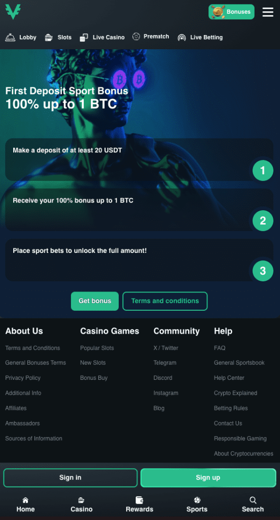 Vave sportsbook welcome bonus offer showing 100% up to 1 BTC for first deposits with wagering instructions

