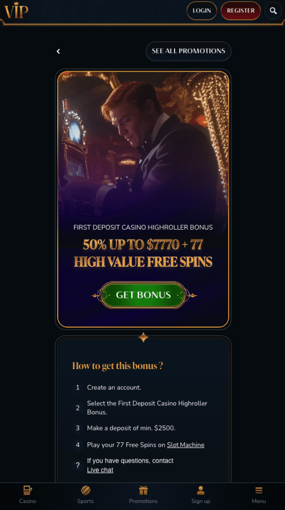 Screenshot of VipCasino IO welcome bonus banner showing $7770 high roller offer and 77 free spins