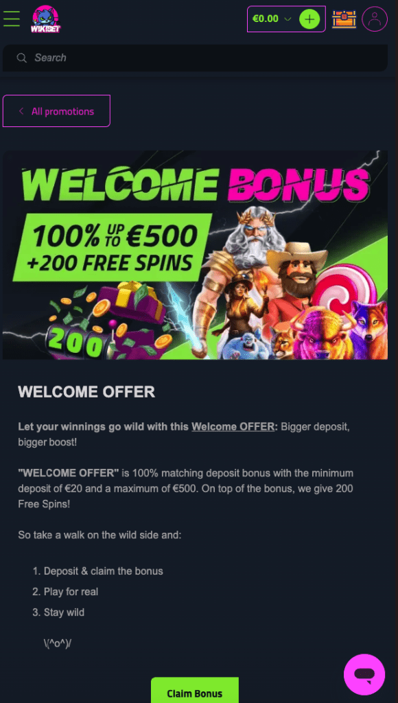 Screenshot of Wikibet welcome bonus banner showing 100% deposit match up to €500 plus 200 free spins, captured April 2025.