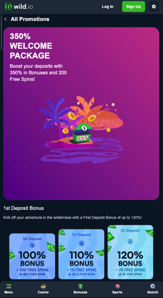 Screenshot of Wild Io Casino's 350% Welcome Bonus offer page, featuring a multi-deposit bonus package and up to 200 Free Spins, with individual first deposit options ranging from 100% to 120% plus Free Spins.