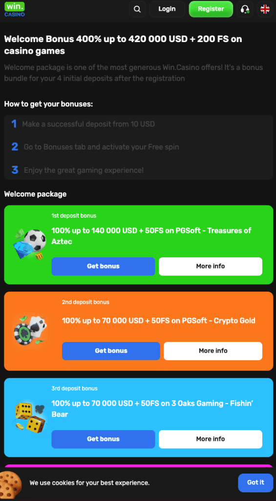 Screenshot of Win.Casino’s multi-tiered crypto casino welcome bonus offering up to 420,000 USD + 200 Free Spins, featuring deposit bonuses on PGSoft and 3 Oaks slots