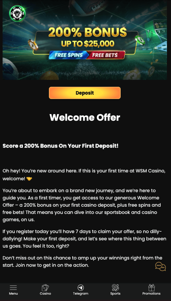 WSM Casino 200% Welcome Bonus offer with Free Spins and Free Bets, up to $25,000 – October 2025 screenshot