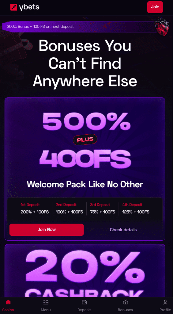 Screenshot of Ybets Casino welcome bonus banner promoting 200% up to $1,000 plus 100 free spins, captured in April 2025.