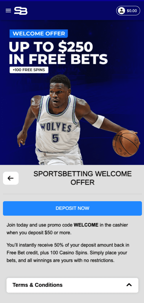 Screenshot of SportsBetting Ag welcome bonus banner showing 50% free bet up to $250 and 100 casino spins for new users