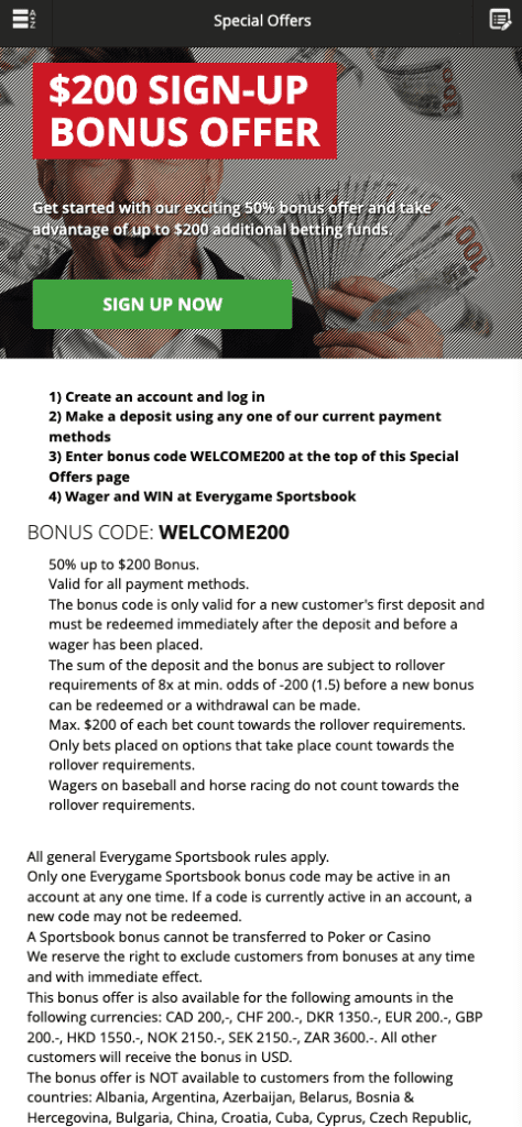 Screenshot of Everygame Sportsbook’s $200 welcome bonus banner highlighting 50% match on first deposit