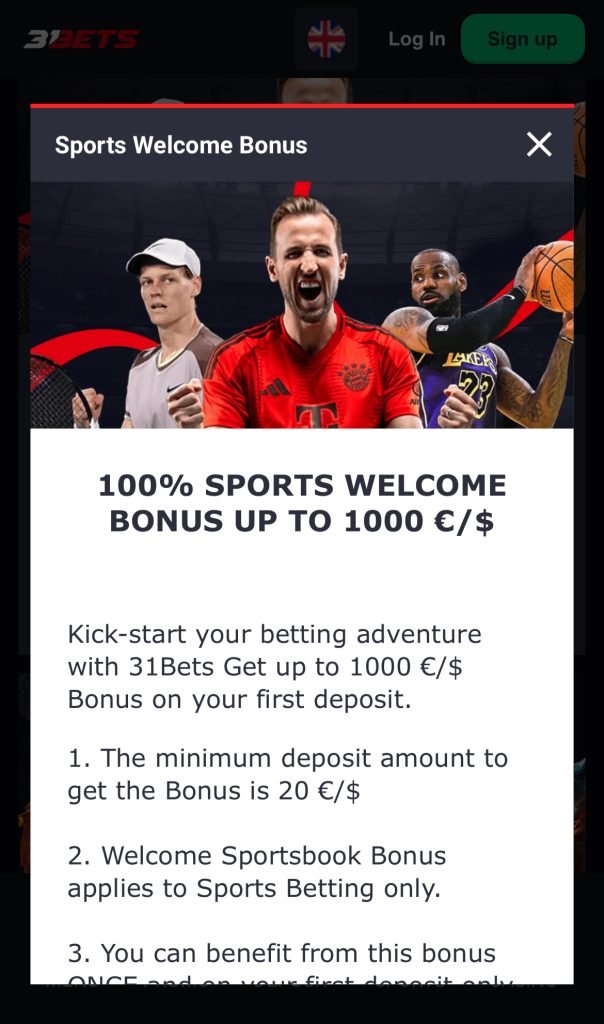 31Bets casino welcome bonus promotion showing 425% bonus up to €2000 across three deposits with wizard-themed artwork