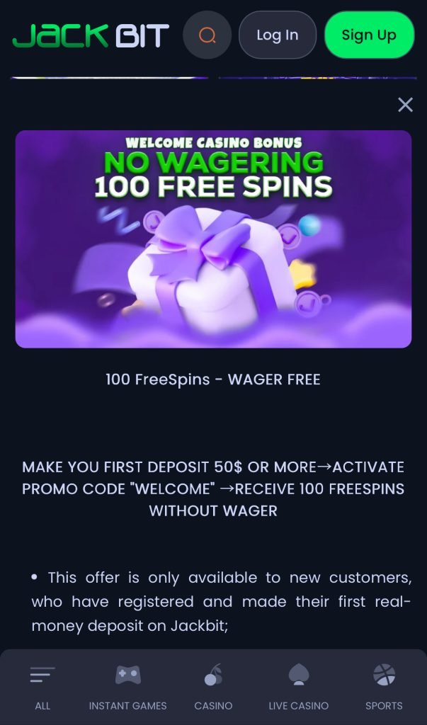 Jackbit Casino bonus offer screenshot showing 100 wager-free free spins on Book of Dead with $50 deposit requirement