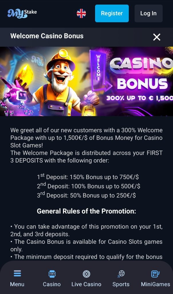 Mystake casino welcome bonus screenshot showing up to €1,500 in bonus money across 3 deposits for new players