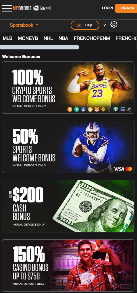 Actual screenshot of MyBookie Casino's welcome offers including the 100% crypto sports welcome bonus.