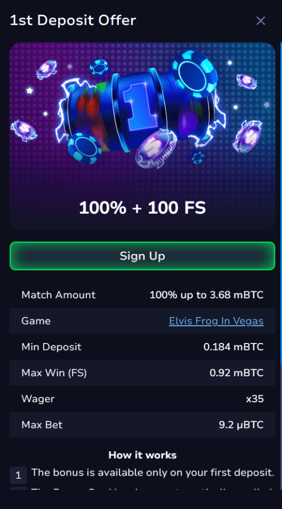Screenshot of 7BitCasino welcome bonus offer showing 100% match up to 3.68 mBTC + 100 Free Spins, with wagering and max bet terms.