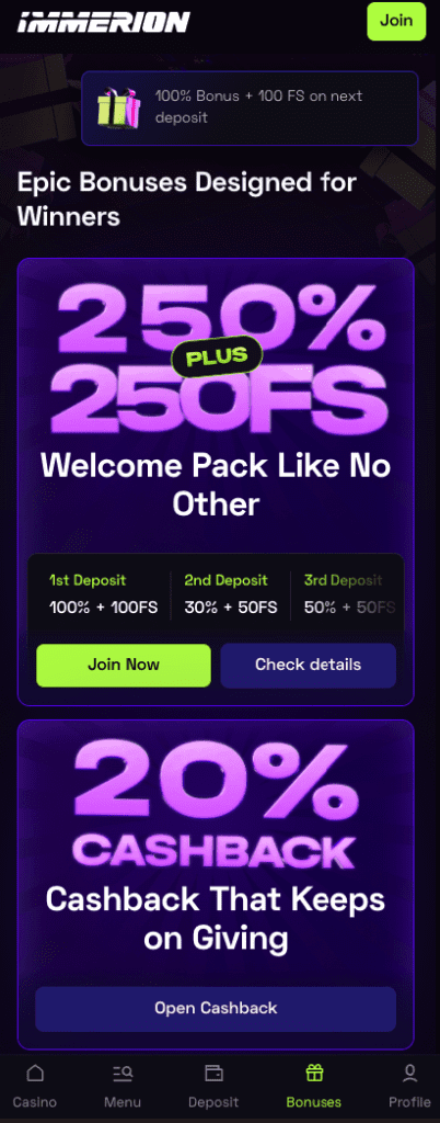 Mobile screenshot of Immerion Casino's 250% welcome pack promotion, featuring 100% bonus + 100 free spins on first deposit and additional bonuses on second and third deposits