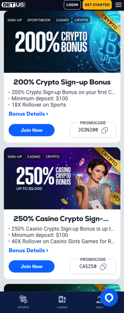 Screenshot of BetUS welcome bonuses highlighting 200% crypto bonus and 250% casino crypto bonus offers