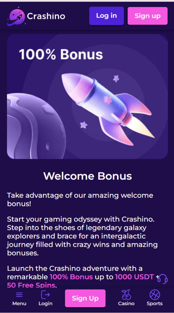 Screenshot of Crashino Casino's welcome bonus showing 100% up to 1000 USDT + 50 Free Spins offer in a space-themed design