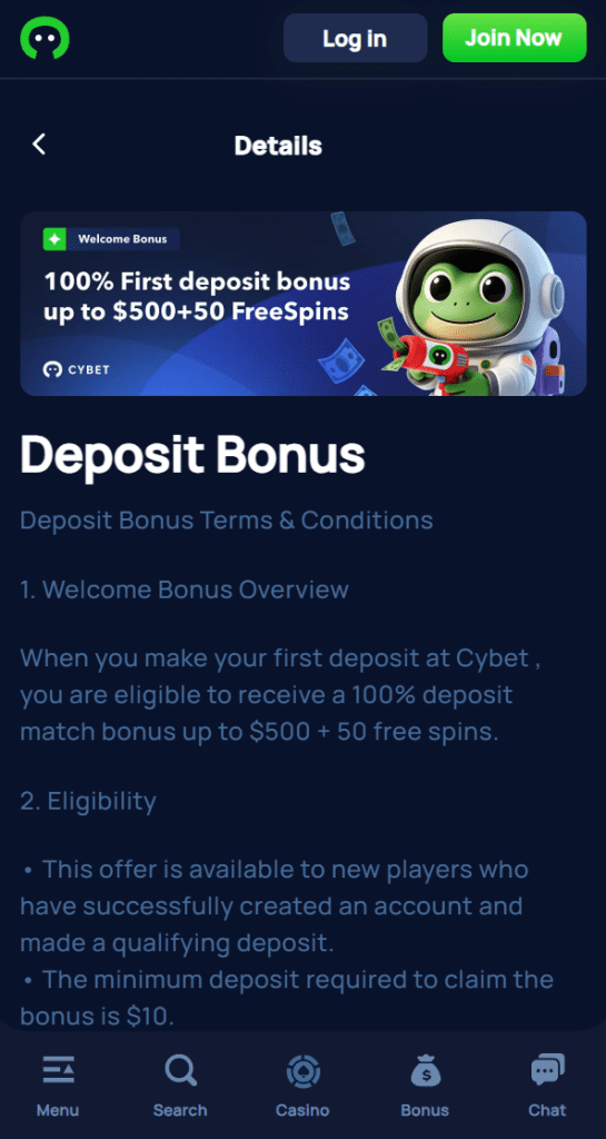Screenshot of Cybet welcome bonus page showing a 100% up to $500 offer with 50 free spins and key terms like 35x wagering and $5 max bet.