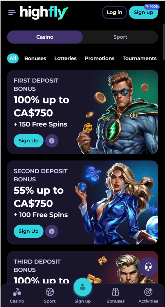 Screenshot of Highflybet welcome bonus banner showing 100% up to CA$750 + 150 Free Spins.