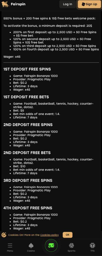 Fairspin welcome bonus screen showing a 550% bonus offer with 200 free spins and $15 in free bets. The first deposit offers a 200% match up to $2,500 + 50 free spins + $5 free bet. The second deposit gives 125% up to $2,500 + 50 free spins + $10 free bet. Third and fourth deposits give 125% and 100% match respectively, each with 50 free spins. All bonuses have 45x wagering and 3-day expiry. Free bets cover sports like football, basketball, tennis, CS, Dota2, with 1.4 minimum odds and 7-day validity.