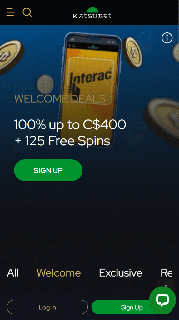 Screenshot of KatsuBet Casino welcome bonus banner showing 100% up to C$400 + 125 Free Spins offer.
