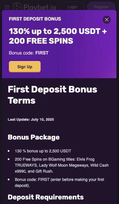 Screenshot of Playbet.io welcome bonus showing 130% up to 2,500 USDT + 200 free spins, with promo code FIRST