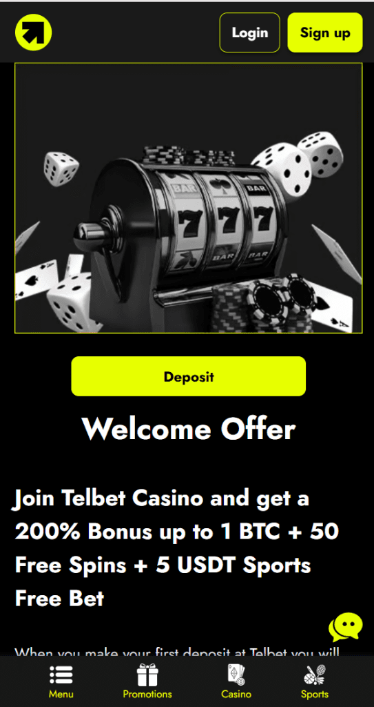 Screenshot of Telbet welcome bonus banner showing 200% bonus up to 1 BTC + 50 Free Spins and $5 Sports Free Bet.